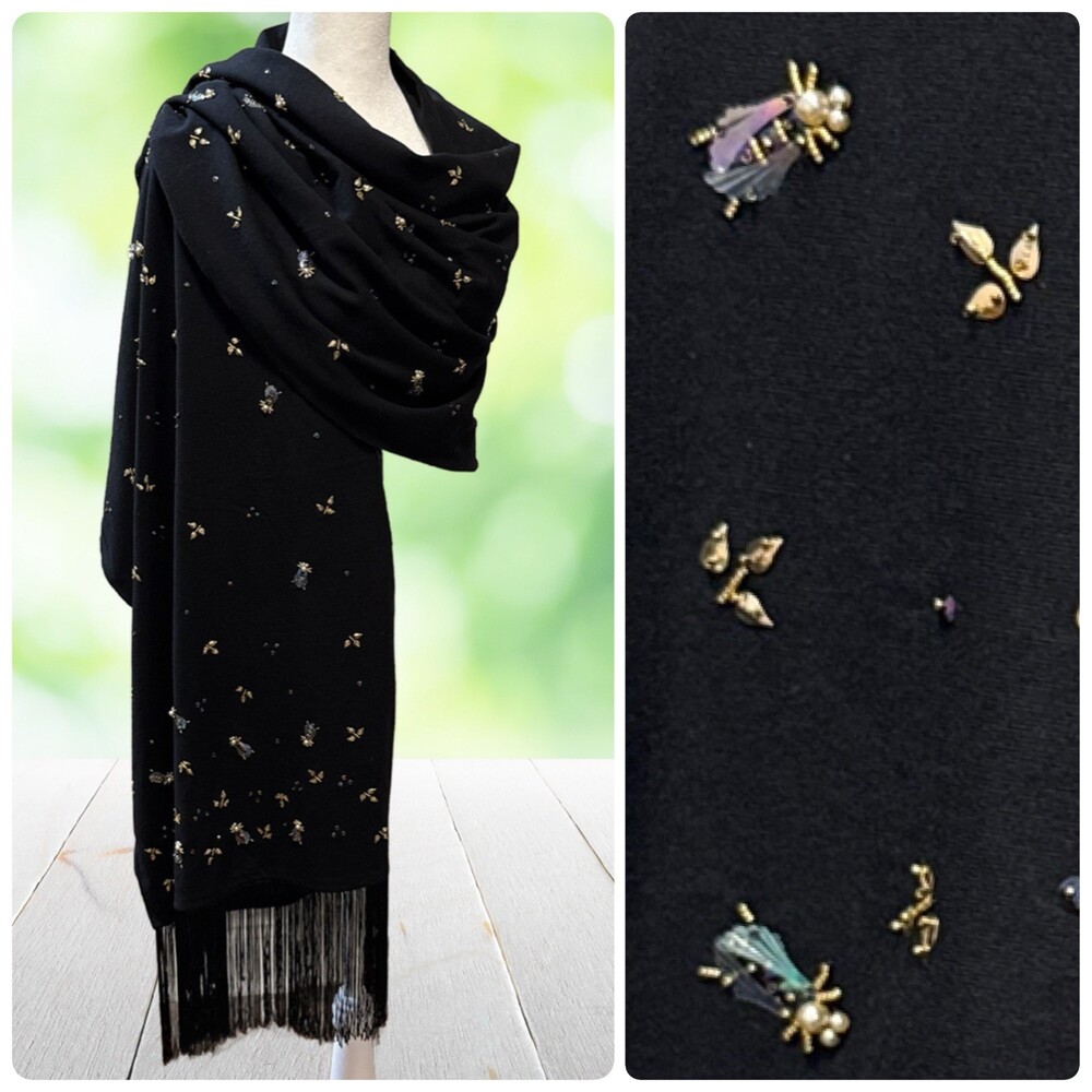 Vintage ODETTE Shawl Jeweled Insects Hand Beaded Wrap Fringe 42x20 Spain 1950s
